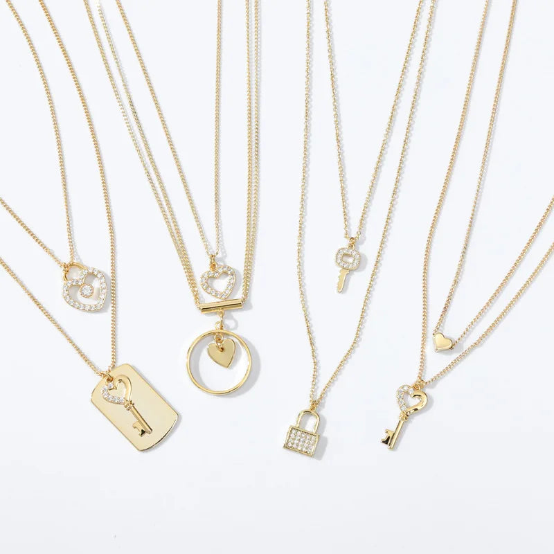 Kj Simple Water Wave Chain Gold Plated Brass Necklace Geometric Heart Key Locket Zircon Pendant Necklace