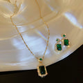 New Stainless Steel  Zircon Jewelry Square Green Gemstone Pendant Hip Hop Titanium Necklace Stud Earring  Ring