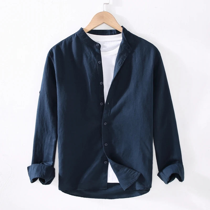 High Quality Eco-friendly Linen Shirt Men New Trendy Long Sleeve Casual Print Stand Breathable Autumn-Single Available OEM Sizes
