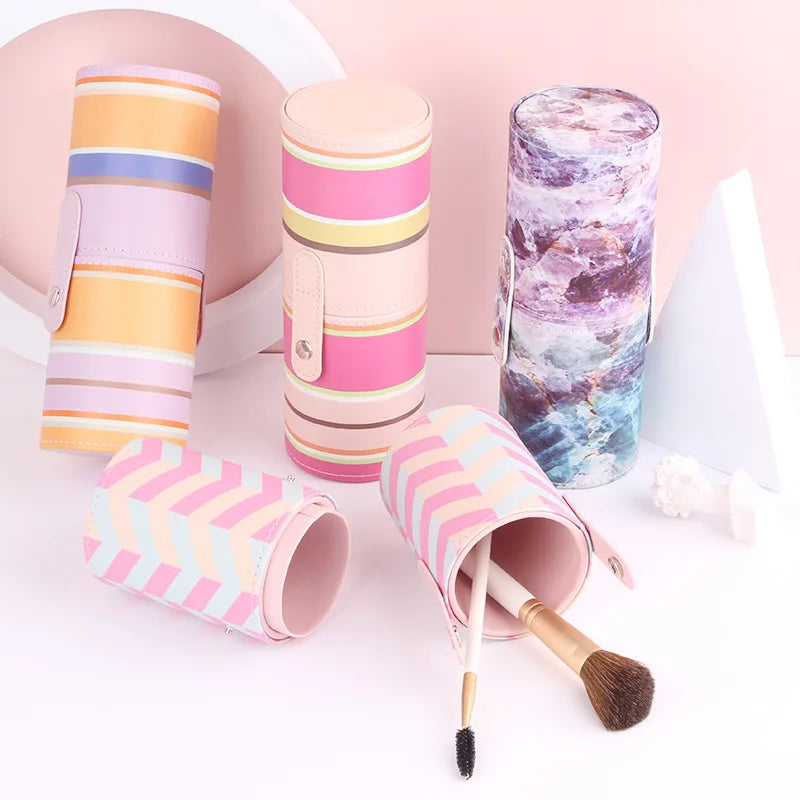 New PU Leather Material Stripes Dynamic Makeup Brush case Cylinder Cosmetic Holder Use for Makeup Brushes
