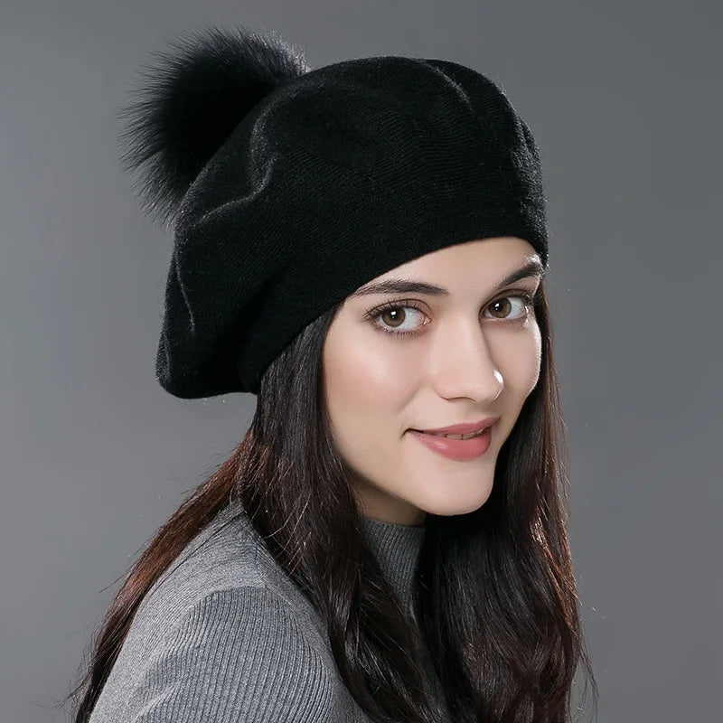 RTS Autumn Winter Wholesale Knitted Beret Hats for Women Custom Fur Pompom Beret Hat Fashion Solid Color Beanie