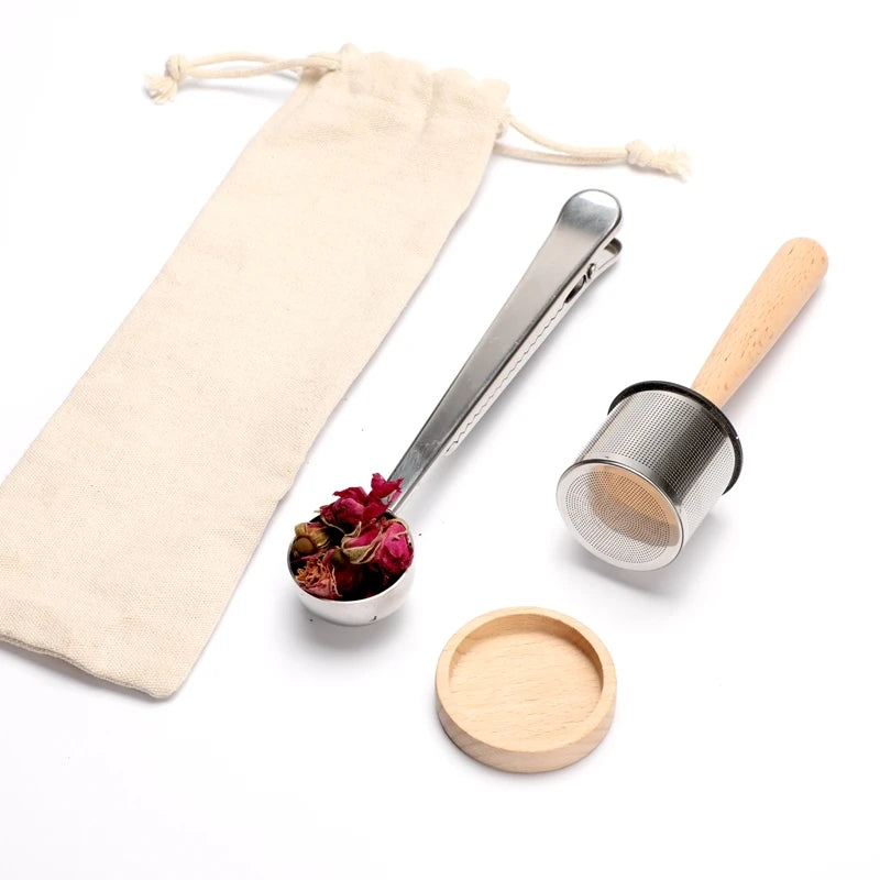 Eco-friendly Stainless Steel Tea Infuser with Wood Handle & Clip Scoop Set Pack with Environmental Gunny Bundle Bag