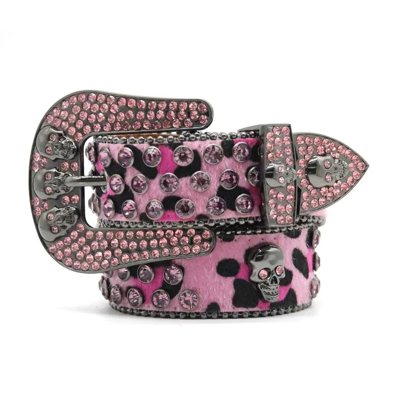 Stylish Punk Fashion Bling Skull Western Studded Leather Belt with Rhinestone Black 110-135cm Length 33mm Width for Women Men