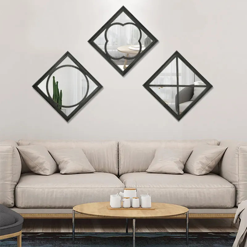 35cm Small Square Retro Wood Home Decor Wall Mirrors Sticker Modern Rustic Farmhouse Entry Mirror Living Room Hotel Mirror