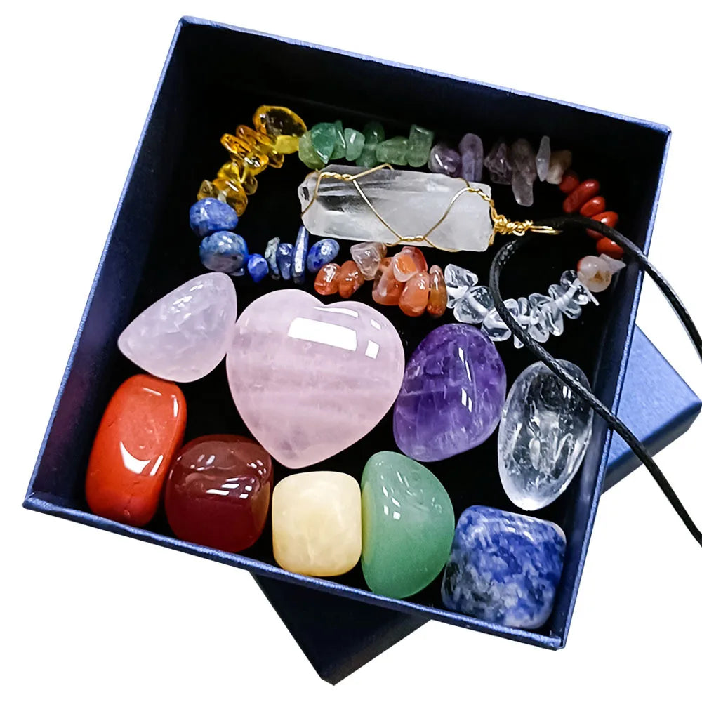Fashion Natural Stone Gift Set Colorful Healing Crystal Bracelet Hexagonal Pendant Heart Chakra Crystal Crafts for Jewelry Gift