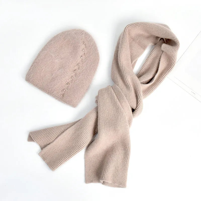 Custom Winter Knitted Beanie Scarf Set Warm Women Angora Double Layer Beanie With Custom Logo Hats With Scarfs Wholesale
