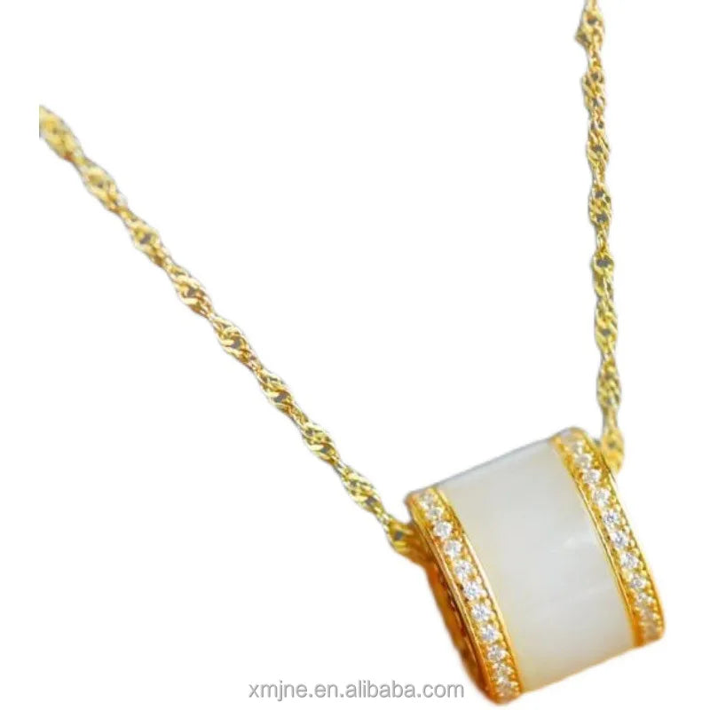 Certified Frosted Gold Inlaid Natural Hetian Jade  Pendant S925 Silver Gold Plated Chain White Jade  Pendant Necklace