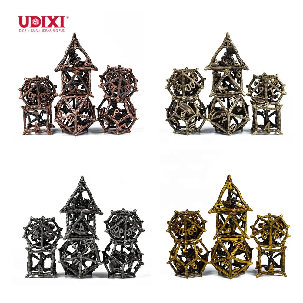 Udixi Customizable Logo Polyhedral RPG D&D Hollow Metal 7-Piece Dice Game Set with Luxury Metal Box