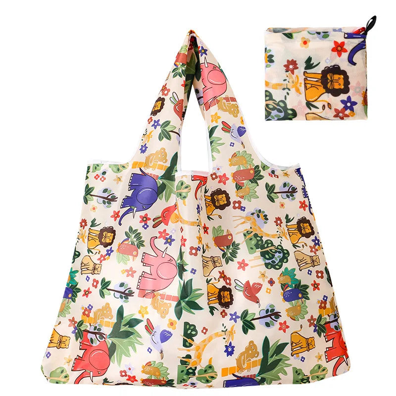 Large Capacity Storage Bag Foldable Large Size Floral Cloth Creative Portable Polyester Printed Grocery Shopping Bag