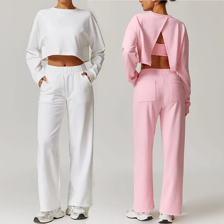 New Women's Yoga Gym Hoodie Set Cross Sweater Top Long Sleeved Jogging Pants Set Sports Set Customization Yoga Sweater 3pcs Suit
