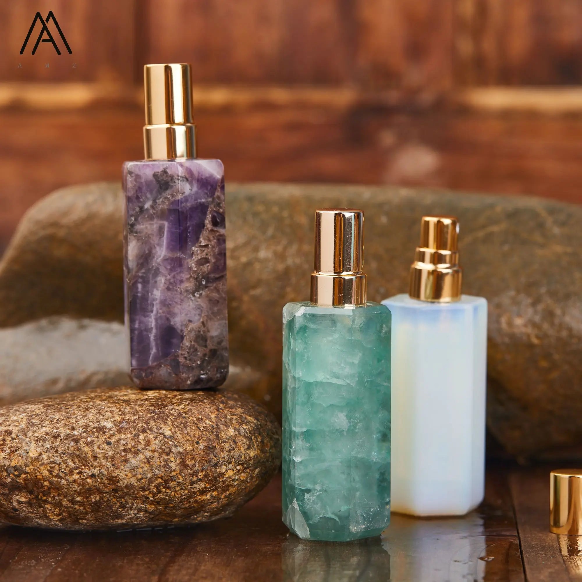 Natural Crystal Hexagonal Perfume Bottle for Women Gift  18K Gold Healing Gemstone Amethyst Obsidian Cosmetic Bottle
