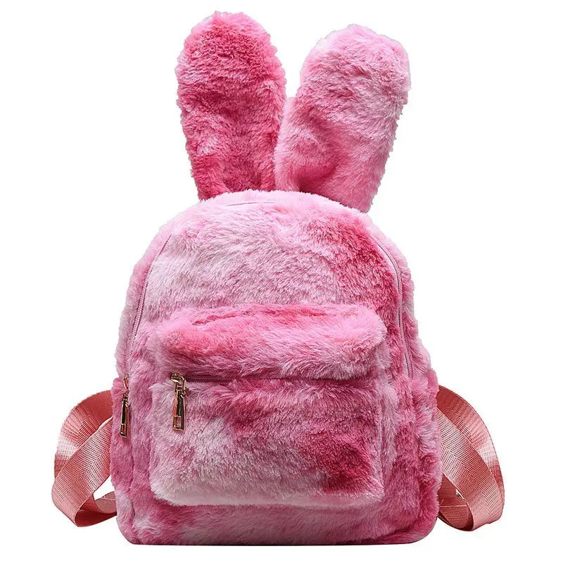 Cute Rabbit Bunny Tie-Dye Plush Faux Fur Backpack Mini Furry Backpack with Shoulders Bag for Girls
