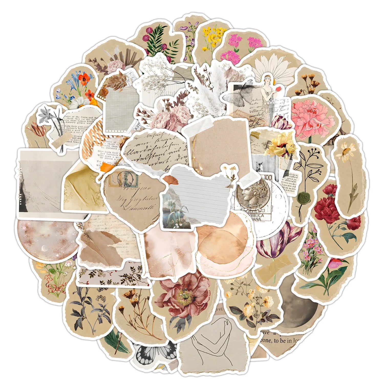 50Pcs Vintage Old Time Scrap Paper Graffiti Stickers For Book Luggage Decor Floral Sticker