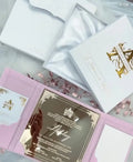 Personalized Custom pink Velvet Folio Boxed Wedding Invitation Gold Mirrored Acrylic Quince White Gift Card