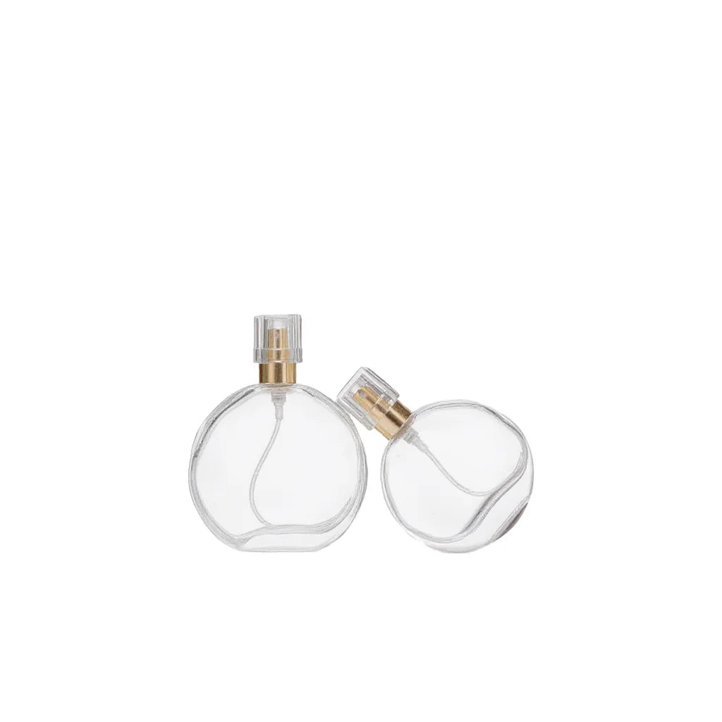 Luxury 50ml Flat Shape Gold Perfume Bottle Empty Glass Pump Sprayer for Skin Care Serum Oils Packaging Sizes 30ml/50ml/100ml