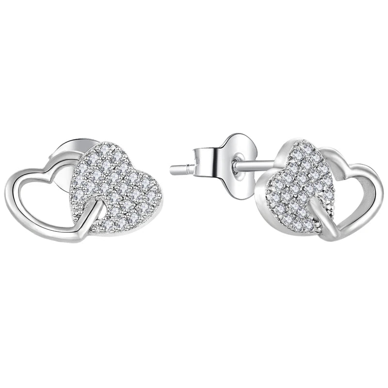 Romantic Jewelry 925 Sterling Silver Double Heart Zircon Stud Earrings for Special Occasions