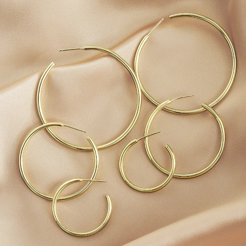 Fashion Earrings Jewelry 925 Sterling Silver Big Earrings Large Simple Round Circle Gold Plated Stud Hoop Earrings Women