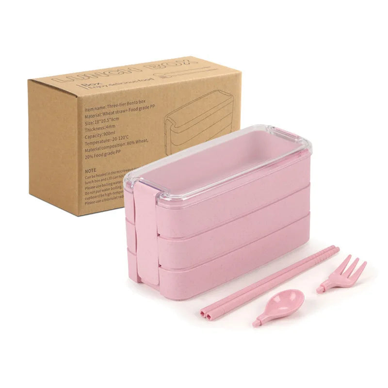 Japanese Style 3 Layer 900ml Eco Friendly Wheat Straw Lunch Box Portable Leakproof Bento Box Custom Logo Factory Price