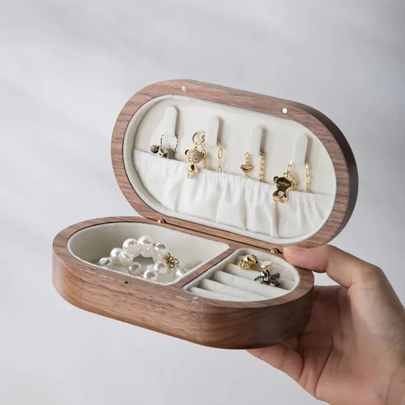 Custom Handcrafted Walnut Wooden Jewelry Gift Box Small Wood Carving Oval Jewellery Package Square Direct Factory Processing