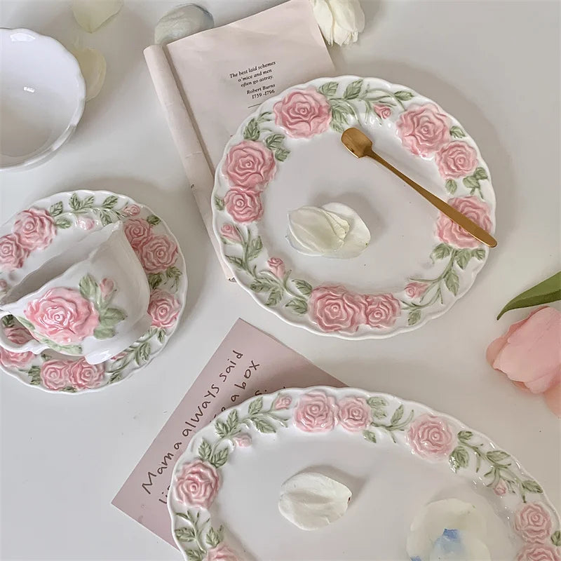 Solhui Ins Romantic Embossed Vivid Rose Dinner Plate Set Bowls Coffee Cups and Dishes Dinnerware Set