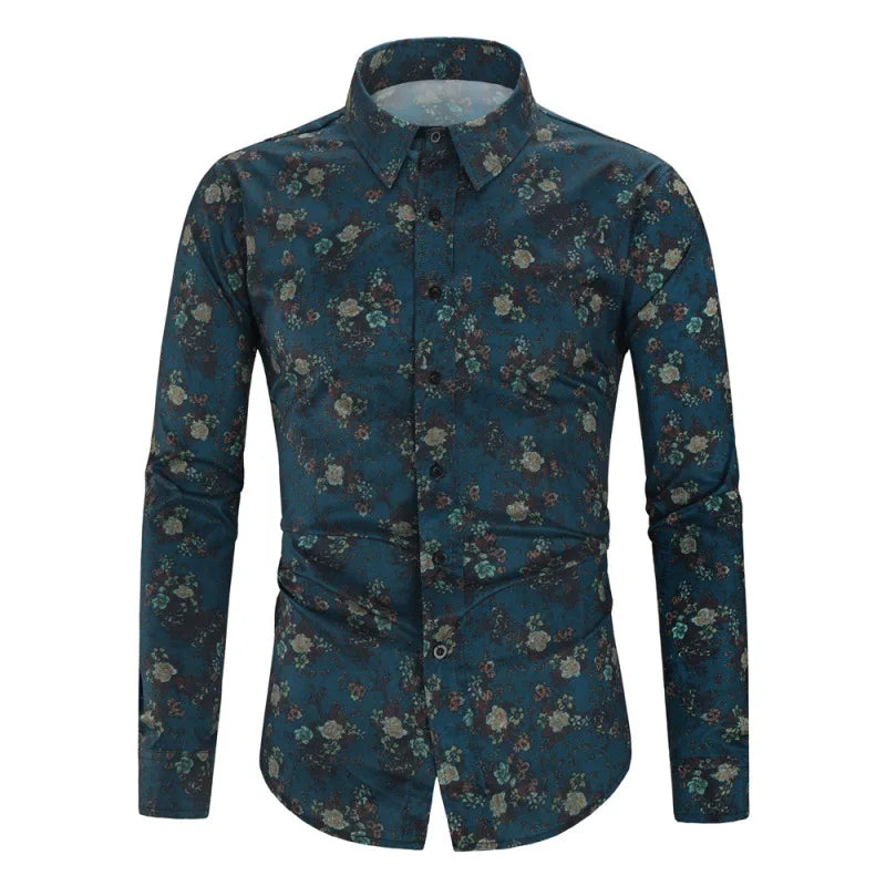 New Men's Printed Long-sleeved Shirt Fashion Floral Casual Slim Shirt Men