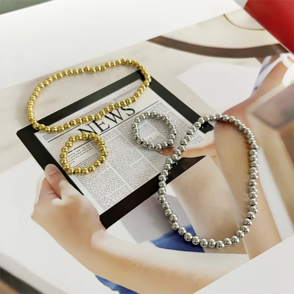 Haiti Market 4mm Golden Plated Silver Plated Stainless Steel Solid Ball Beads Women Bracelets