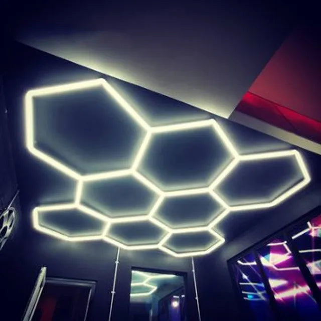 Car Wash Station Garage Ceiling Design Hexagonal Led Light Workshop Honeycomb Lighting LED Hexagon Garage Lighting