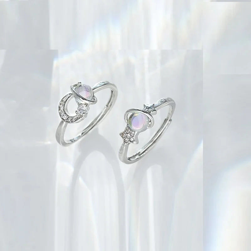 Anillos De Pareja Platinum Plated Shiny Zircon Star Moon Couple BFF Ring Couple Ring Moonstone Open Index Finger Ring Jewelry