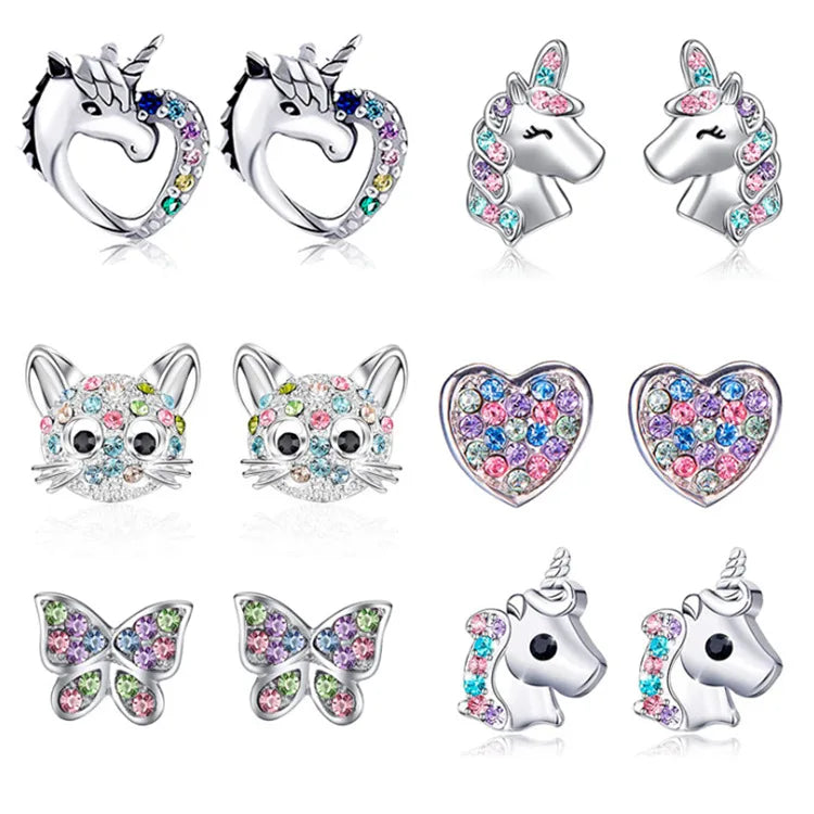 New Arrival Unicorn Cat Love Rainbow Stud Earrings Cute Diamond Rhinestone Stud Earrings for Women Teen Girls