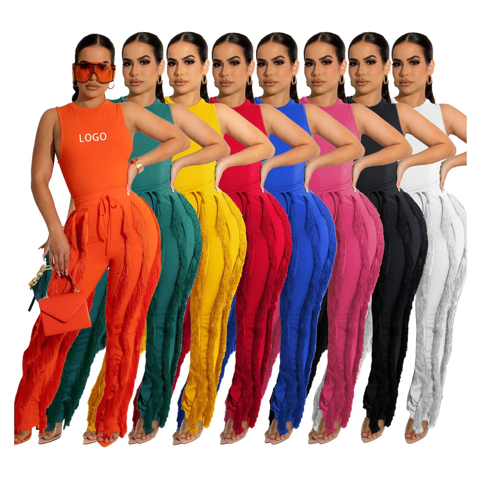 Summer Custom Logo Sleeveless Skinny Tops High Waist Tassel Full Length Pants Woman Clothing 2 Piece Two Piece Set