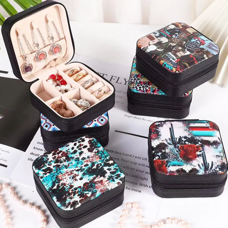 Print Portable Travel MiniJewelry Boxes Leather Box Jewelry Ring Organizer  Collection Ring Necklace Bracelet Earrings Gift Box