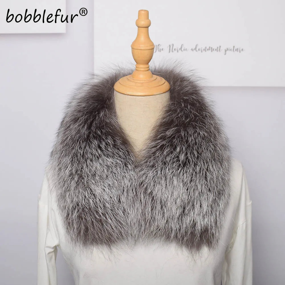 MWFur Winter Women Fluffy Neck Warmer Silver Fox Fur Collar for Men Winter Men Coat Silver Fox Fur Collar