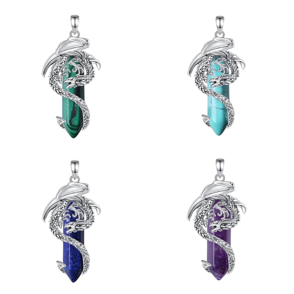 Merryshine Gemstone Jewelry Natural Reiki Energy Hexagonal Healing Stone Wrapped Vintage Dragon Crystal Necklace Pendant for Men
