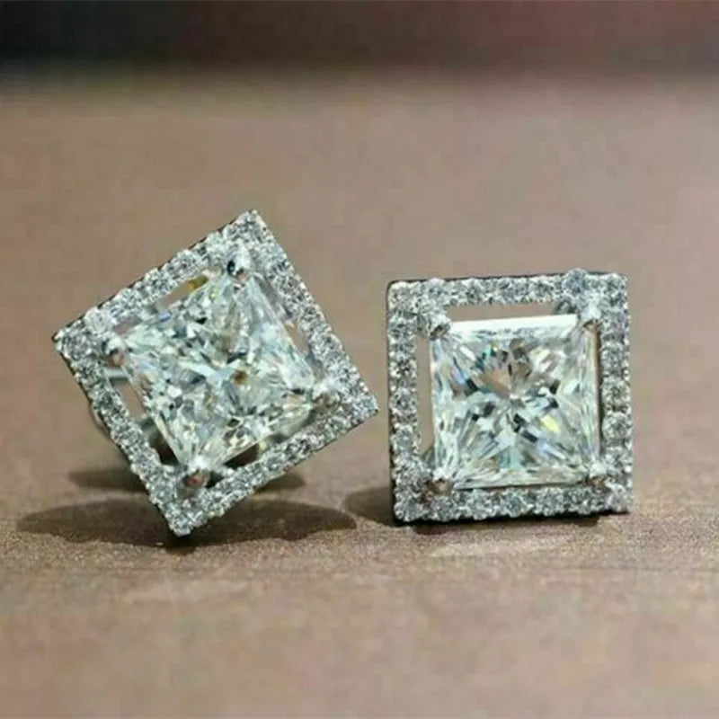 Huitan Custom Factory Price Fashion 925 Silver Plating Woman Square Princess Cut Lab Cz Cubic Zirconia Diamond Stud Earrings