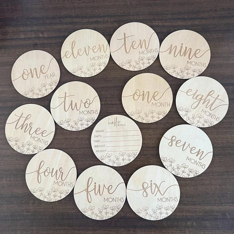 Newborn Photography Props Double Sided Monthly Milestone Cards Handmade Wooden Discs for Baby's Wood Crafts Boxes Wall Signs