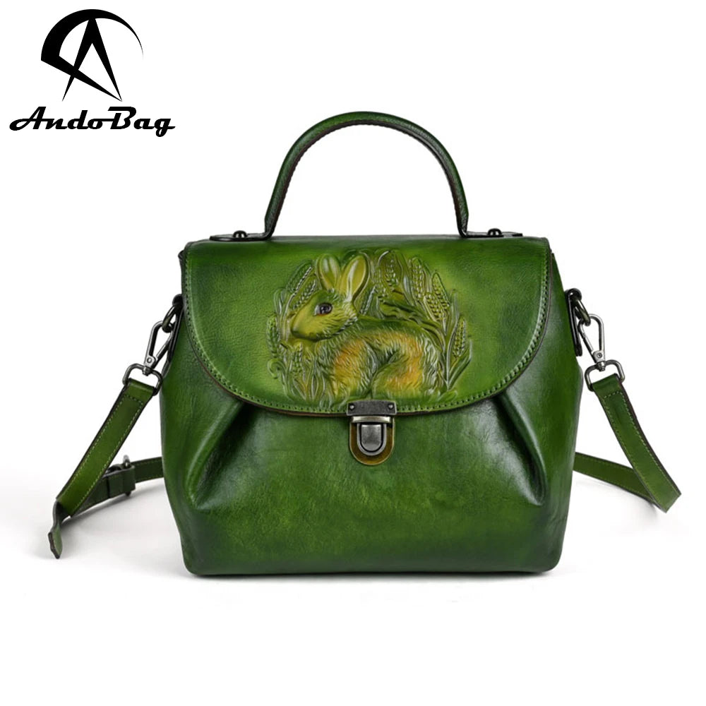 AndoBag Retro Rivet Bottom Stand-up Handbags for Women Genuine Cow Leather Ladies Sling Shoulder Crossbody Bag 2032