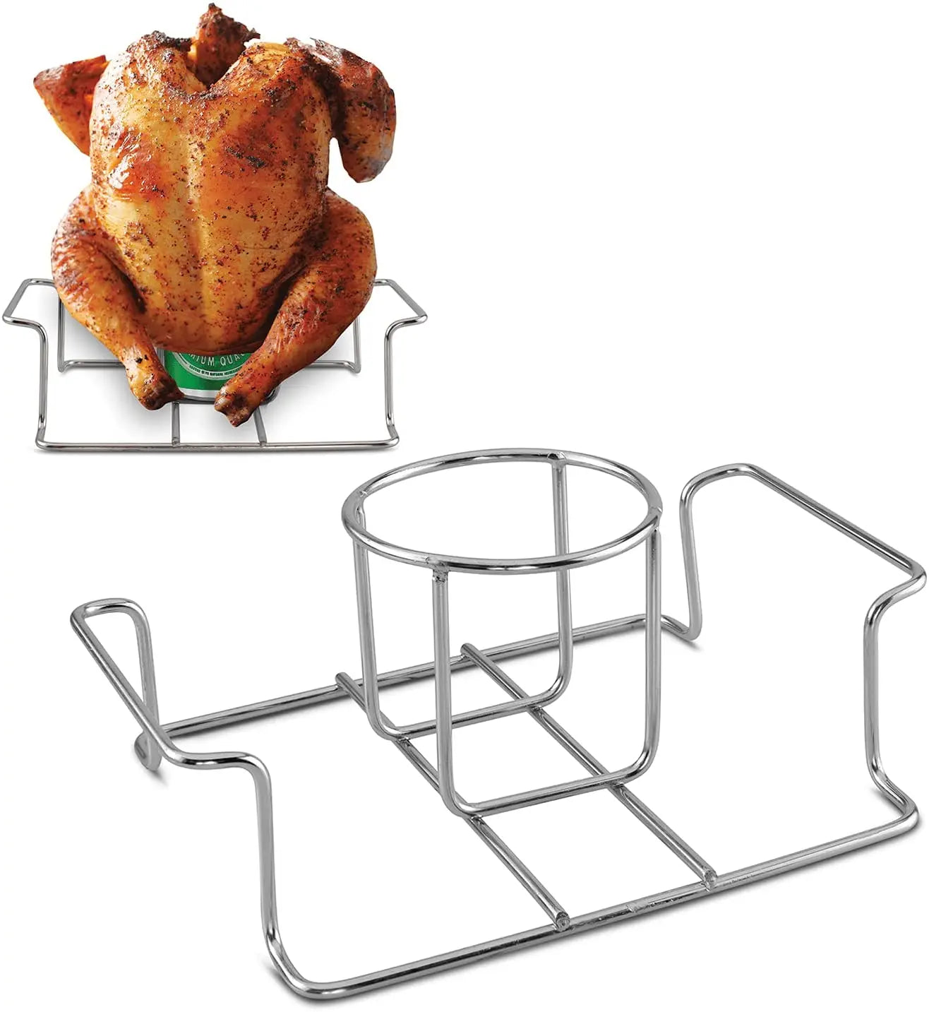 Premium Grade 304 Stainless Steel Grill Roast Rack Stand Chicken Roaster Rack Set with 2 Beer Can Holder US Style for BBQ