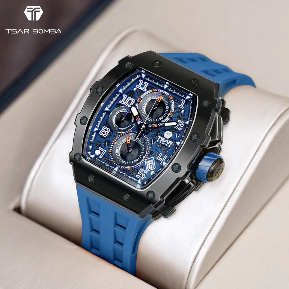 TSAR BOMBA Seiko Stainless Steel Case Mens Quartz Watch Sapphire Crystal Silicone Band 50M Waterproof Chronograph Fashion