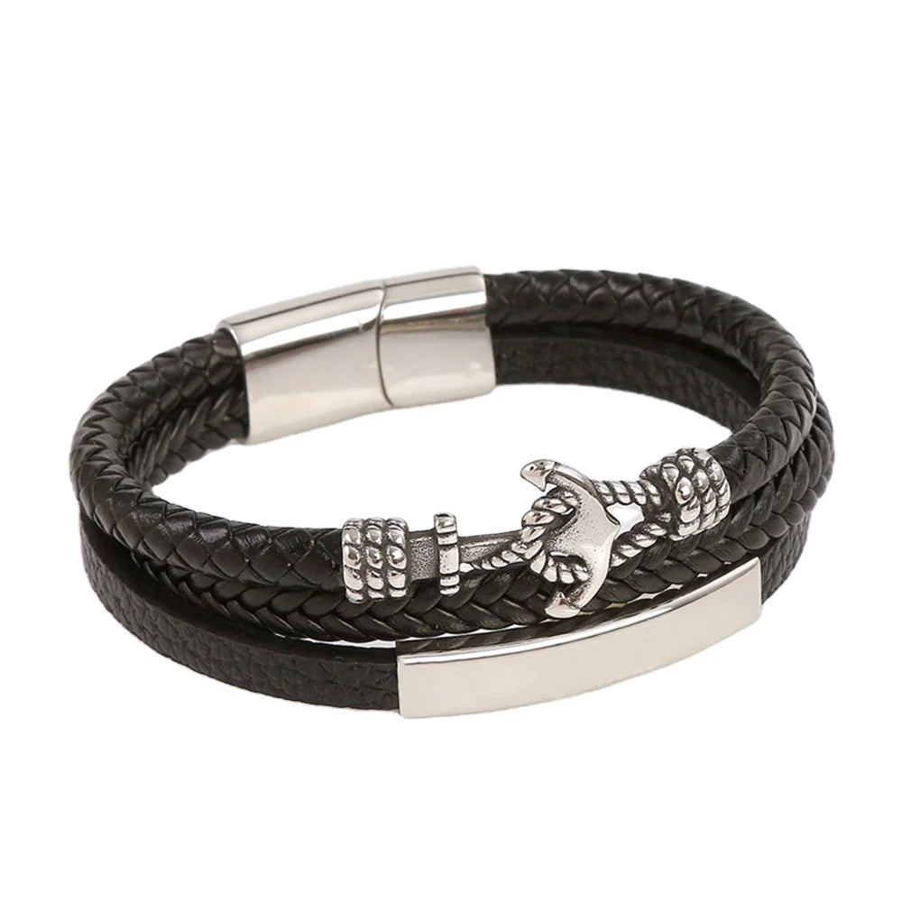 Hip Hop Black Braided Leather Anchor Stainless Steel Bracelet for Men