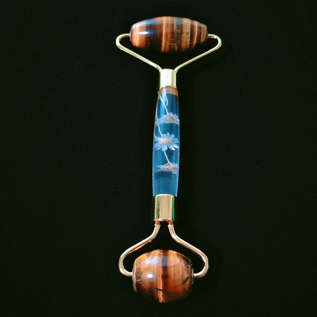 Huiying New style yellow tiger eye flower handle facial roller for facial beauty