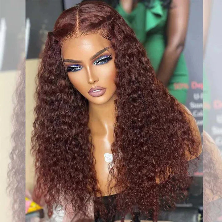 33# Auburn Reddish Brown Curly Water Wave 13x6 Lace Front Human Hair Colored Wigs