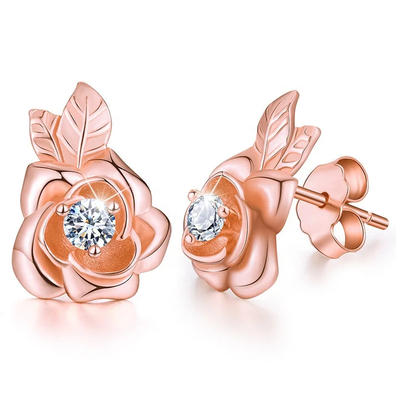 Fashion 925 Sterling Silver Rose Gold Plated Cubic Zirconia Rose Flower Stud Earrings for Women
