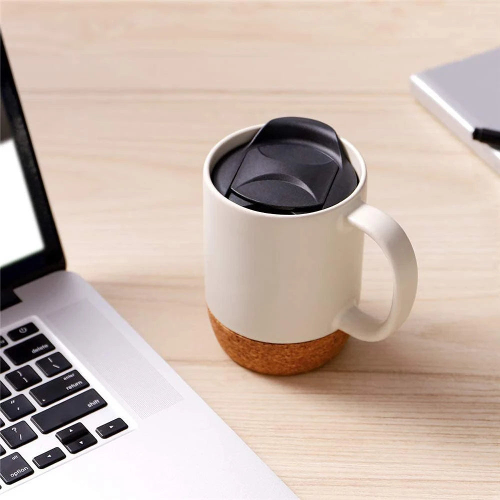 Custom Travel Sublimation Porcelain 13oz Large Ceramic Coffee Mugs with Insulated Cork Bottom and Splash Proof Mug Lid