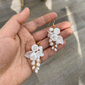 SLBRIDAL Ins Style Sparkling Zircon Crystal Rhinestones Porcelain Flower Freshwater Pearls Bridal Wedding Earring Women Earrings