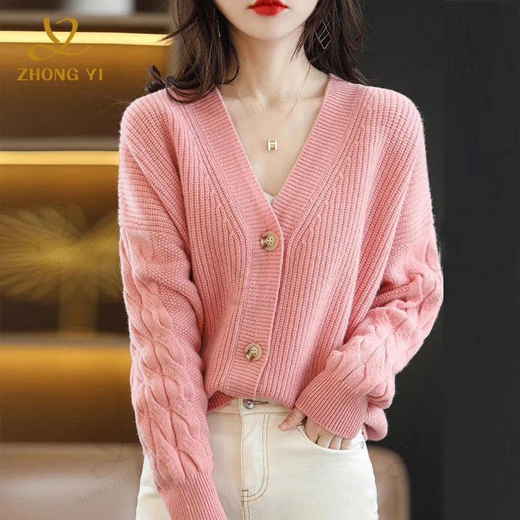 Custom Clothing Manufacturers 2023 Long Sleeve V Neck Button Plain Sweater Knitted Women Cardigan Knitwear Women's Sweaters