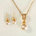 Crystal Round White Simulated Shell Pearl Pendant Stainless Steel Necklace Pearl Stud Earrings Set Gold Plated Jewelry for Women