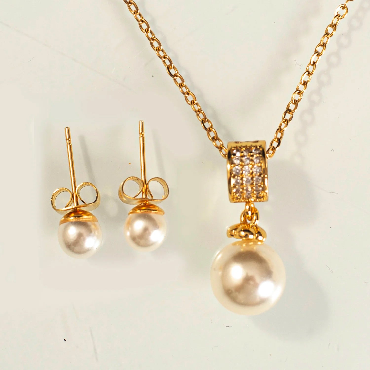 Crystal Round White Simulated Shell Pearl Pendant Stainless Steel Necklace Pearl Stud Earrings Set Gold Plated Jewelry for Women