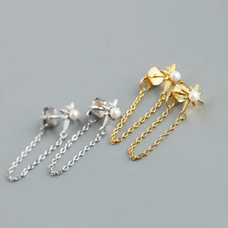 High Quality New Fashion Simple Design Gold Plating Sterling Silver 925 Jewelry Pearl Star Chain Drop Earrings Women