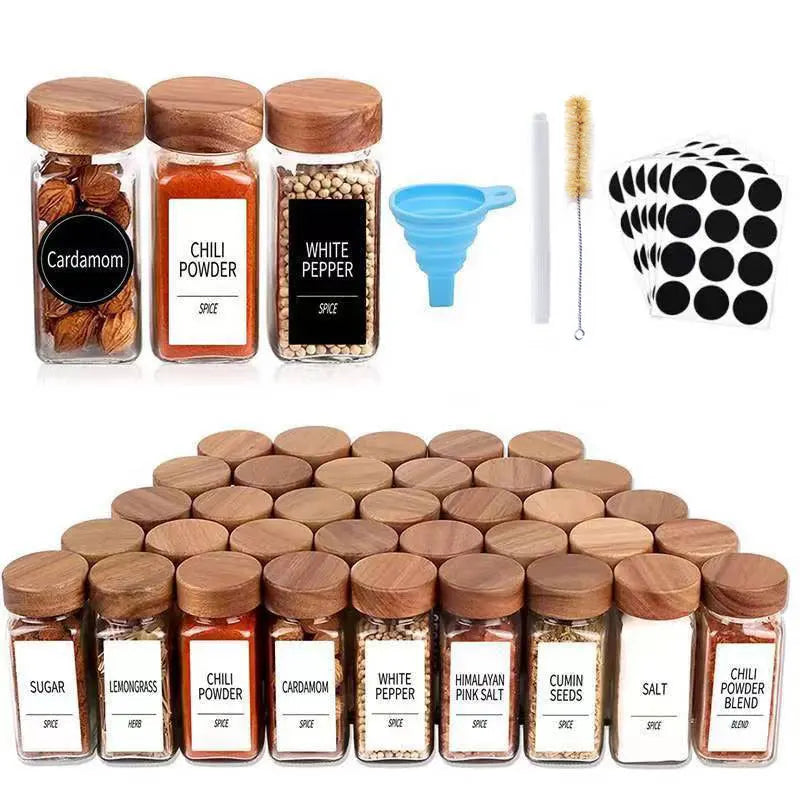 24pcs BBQ Salt Pepper Glass Dispensing Botlles Kitchen Spice Jars 4oz Square Seasoning Storage Bottle Set With  Acacia Wood Lids
