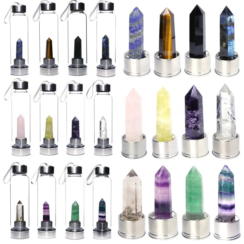 Bpa Free Glass Gemstone Infused Diamond Botella De Vidrio Cuarzo Crystal Glass Water Bottles for Water With Crystals
